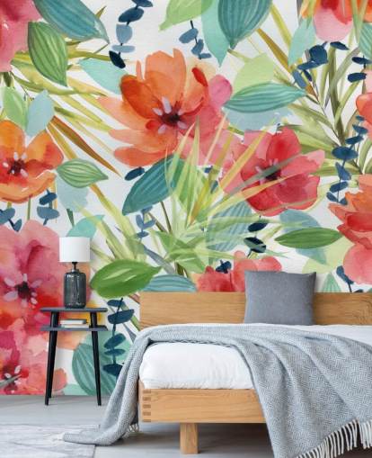 papier peint fleurs rouges et feuilles tropicales papier peint fleurs rouges et feuilles tropicales