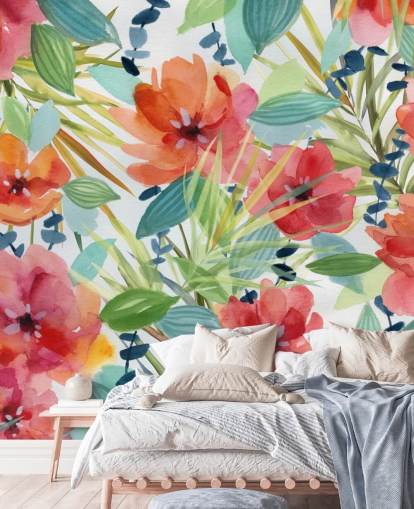 flores vermelhas e folhas tropicais papel de parede flores vermelhas e folhas tropicais papel de parede