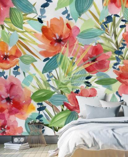 rode bloemen en tropische bladeren behang