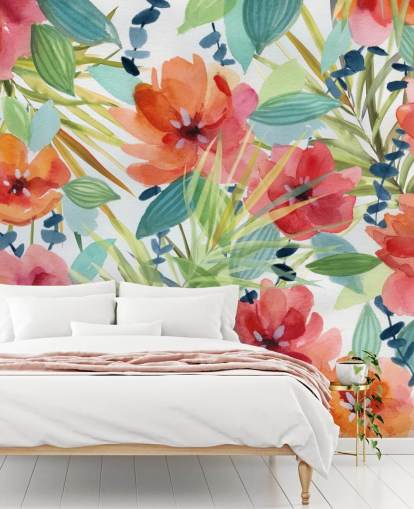 red flowers and tropical leaves wallpaper