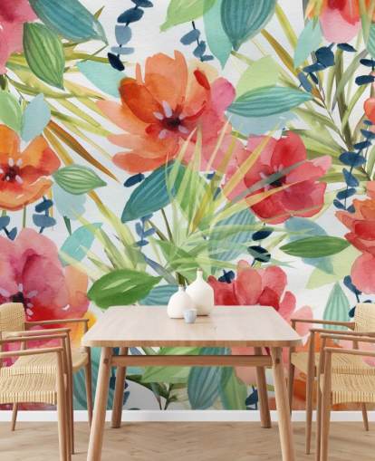 red flowers and tropical leaves wallpaper