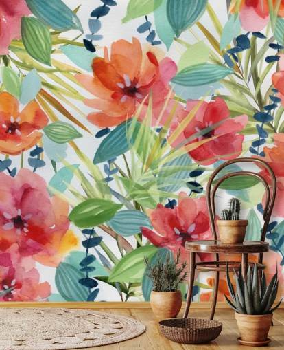 papel pintado de flores rojas y hojas tropicales