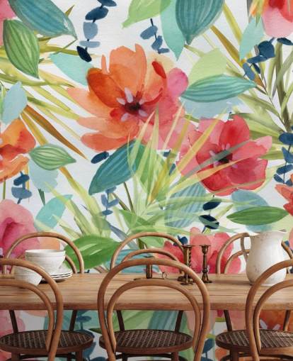 papel pintado de flores rojas y hojas tropicales