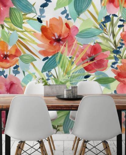 flores vermelhas e folhas tropicais papel de parede flores vermelhas e folhas tropicais papel de parede