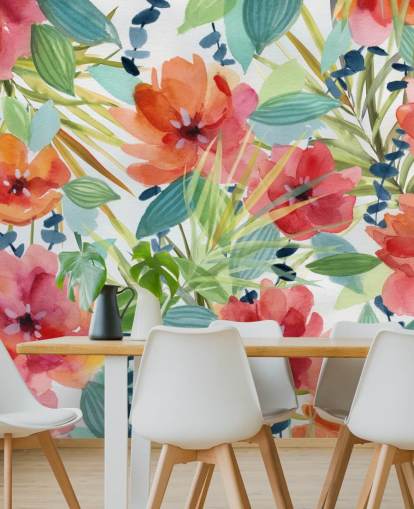 papier peint fleurs rouges et feuilles tropicales