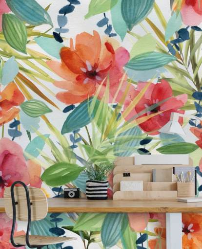 papel pintado de flores rojas y hojas tropicales