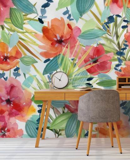 red flowers and tropical leaves wallpaper