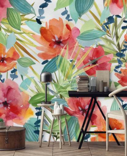 red flowers and tropical leaves wallpaper red flowers and tropical leaves wallpaper