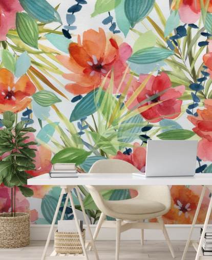 red flowers and tropical leaves wallpaper