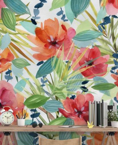 flores vermelhas e folhas tropicais papel de parede flores vermelhas e folhas tropicais papel de parede