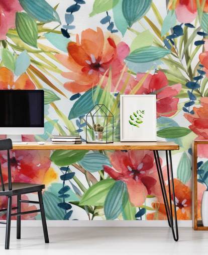 red flowers and tropical leaves wallpaper