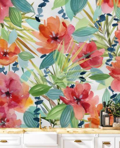 red flowers and tropical leaves wallpaper