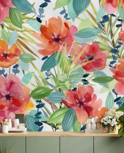 carta da parati fiori rossi e foglie tropicali