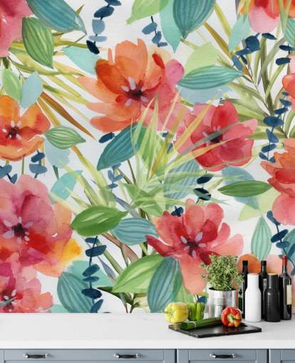 red flowers and tropical leaves wallpaper red flowers and tropical leaves wallpaper