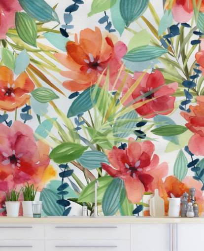 red flowers and tropical leaves wallpaper