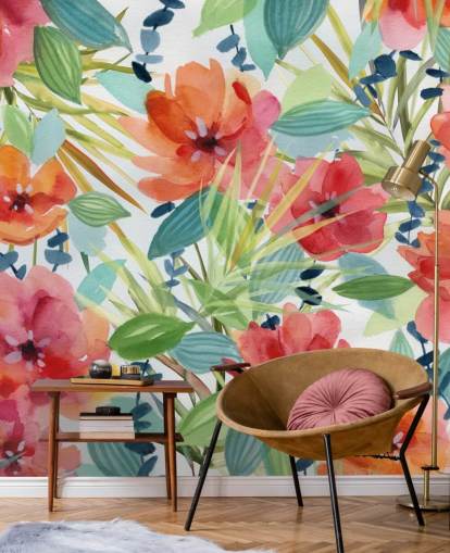 red flowers and tropical leaves wallpaper