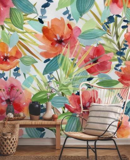 red flowers and tropical leaves wallpaper