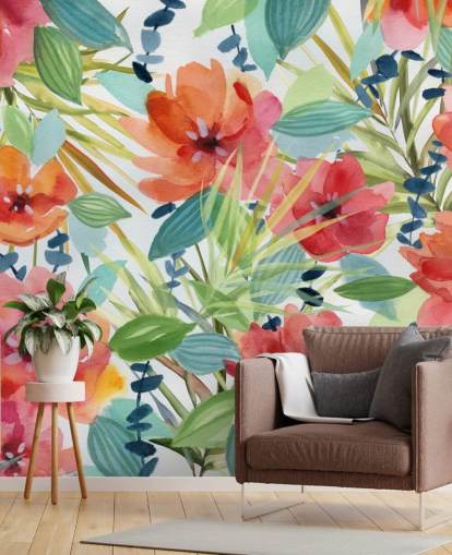 red flowers and tropical leaves wallpaper