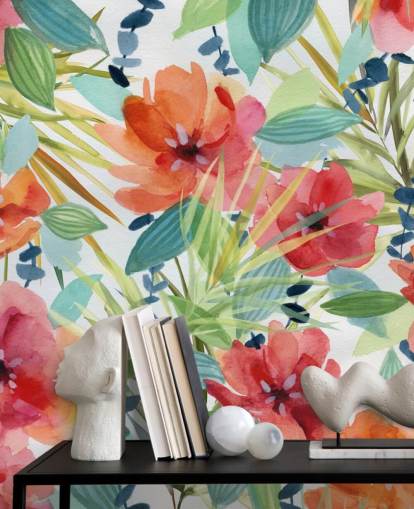 red flowers and tropical leaves wallpaper red flowers and tropical leaves wallpaper