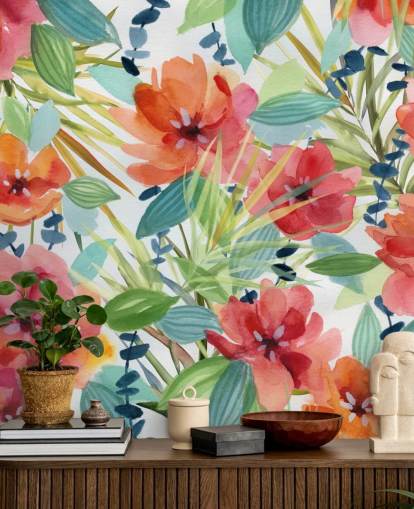 flores vermelhas e folhas tropicais papel de parede