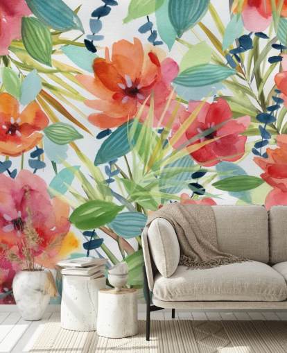 carta da parati fiori rossi e foglie tropicali