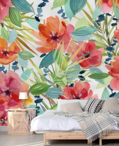 carta da parati fiori rossi e foglie tropicali