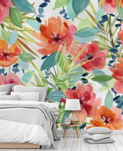 carta da parati fiori rossi e foglie tropicali