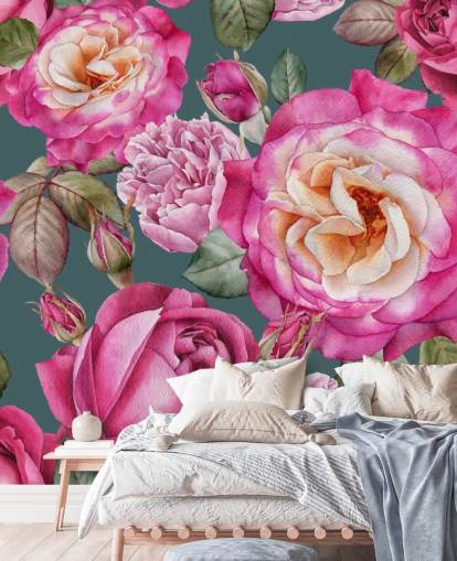 pink flowers and roses with green background wallpaper
