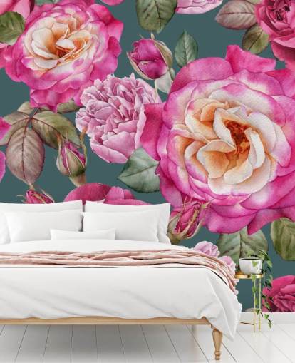 pink flowers and roses with green background wallpaper