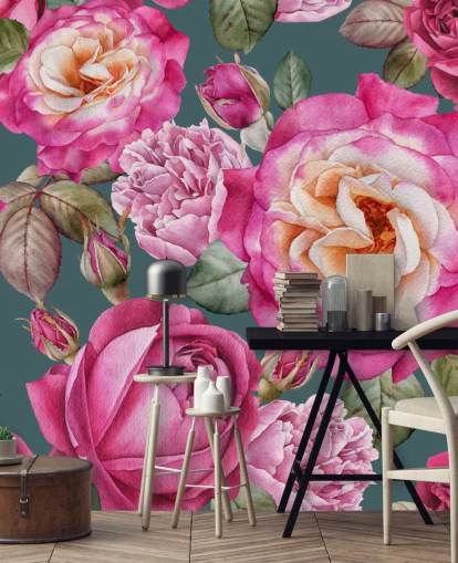 pink flowers and roses with green background wallpaper