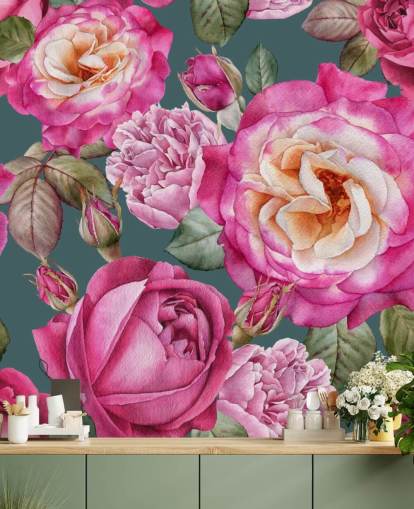 rosa blomster og roser med grønn bakgrunn tapet