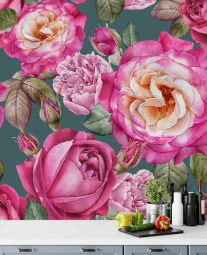 flores cor de rosa e rosas com papel de parede de fundo verde