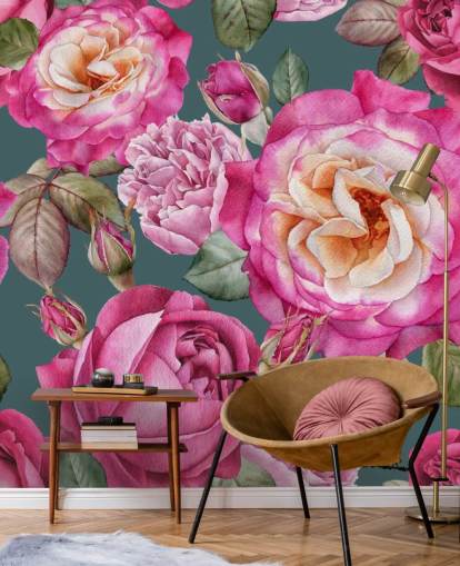 rosa blomster og roser med grønn bakgrunn tapet