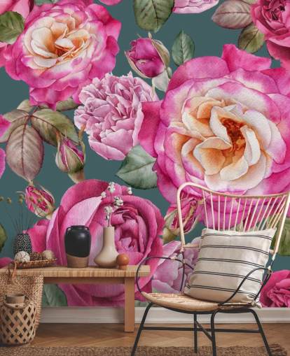 roze bloemen en rozen met groen achtergrondbehang