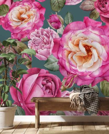 pink flowers and roses with green background wallpaper