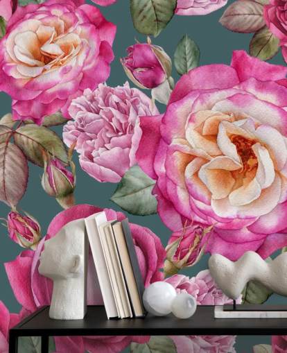 pink flowers and roses with green background wallpaper