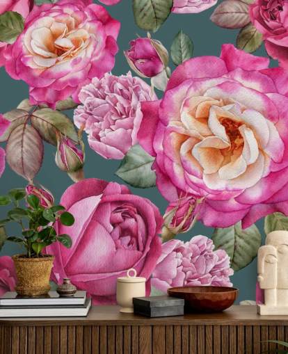 pink flowers and roses with green background wallpaper