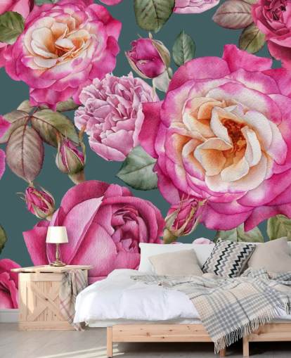 rosa blommor och rosor med grön bakgrund tapeter