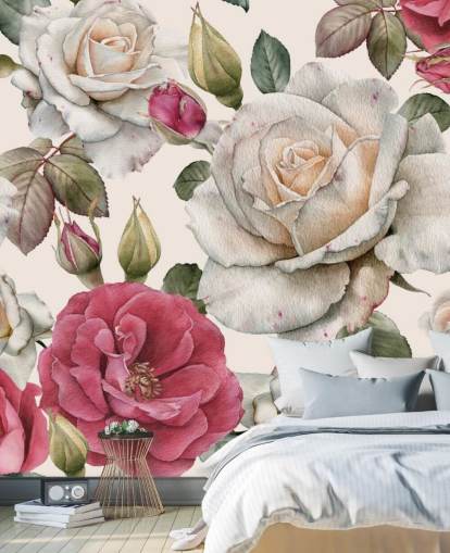 akvarell rosa og hvit rose tapet