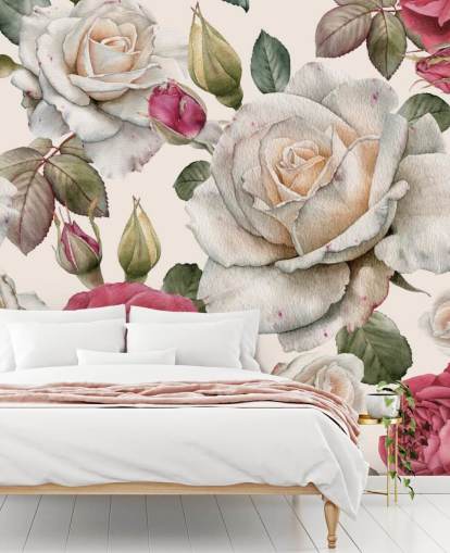 watercolour pink and white rose wallpaper