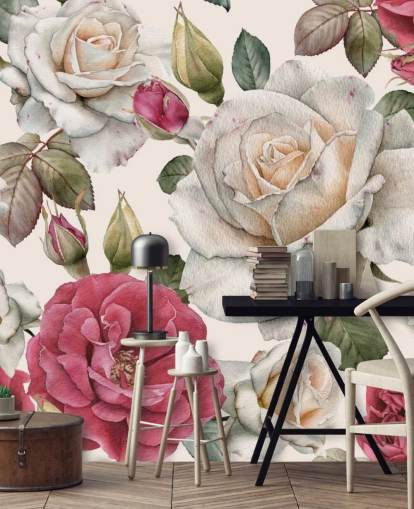 watercolour pink and white rose wallpaper