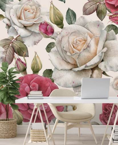 aquarel roze en witte rozenbehang