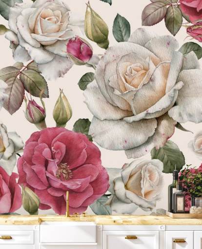 Aquarell Rosa und Weiß Rosentapete