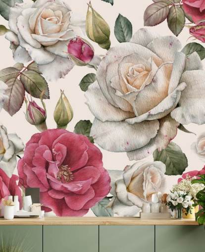 watercolour pink and white rose wallpaper