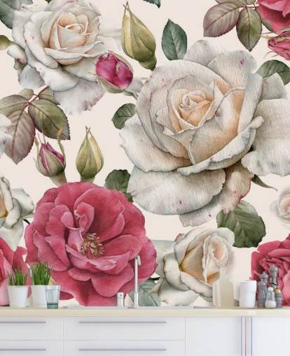 Aquarell Rosa und Weiß Rosentapete