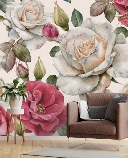 watercolour pink and white rose wallpaper