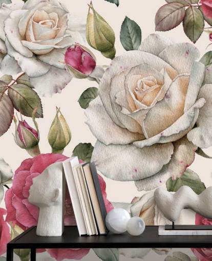 watercolour pink and white rose wallpaper