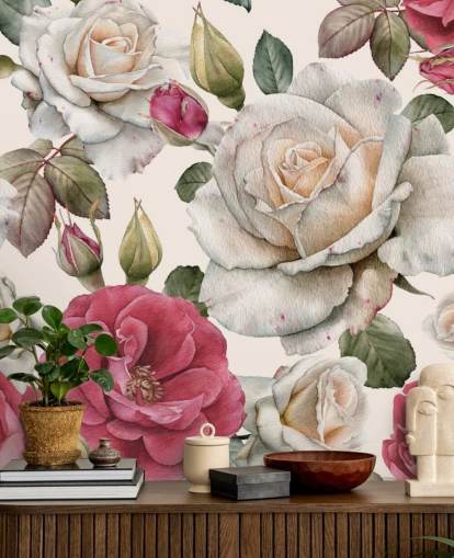 watercolour pink and white rose wallpaper
