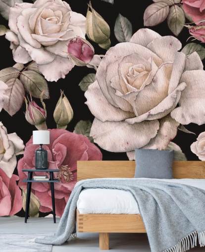 papel de parede floral escuro rosa e flores brancas