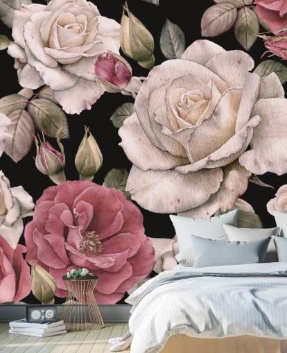 papel pintado flores rosadas y blancas